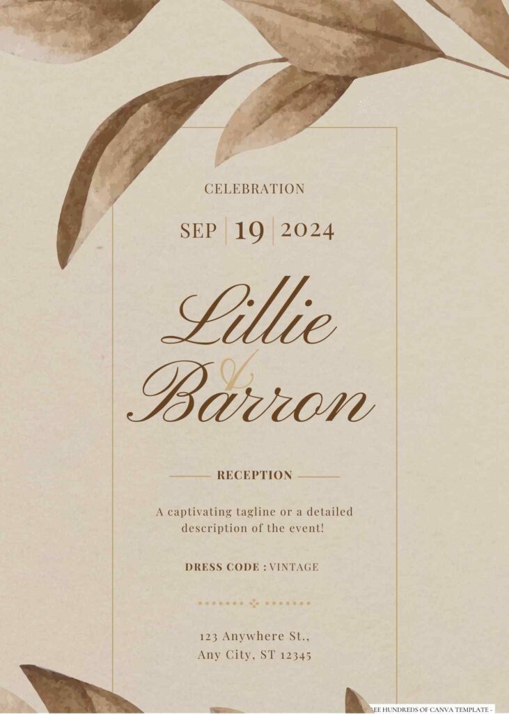 Free Editable Vintage Leaf Brown Watercolor Wedding Invitation