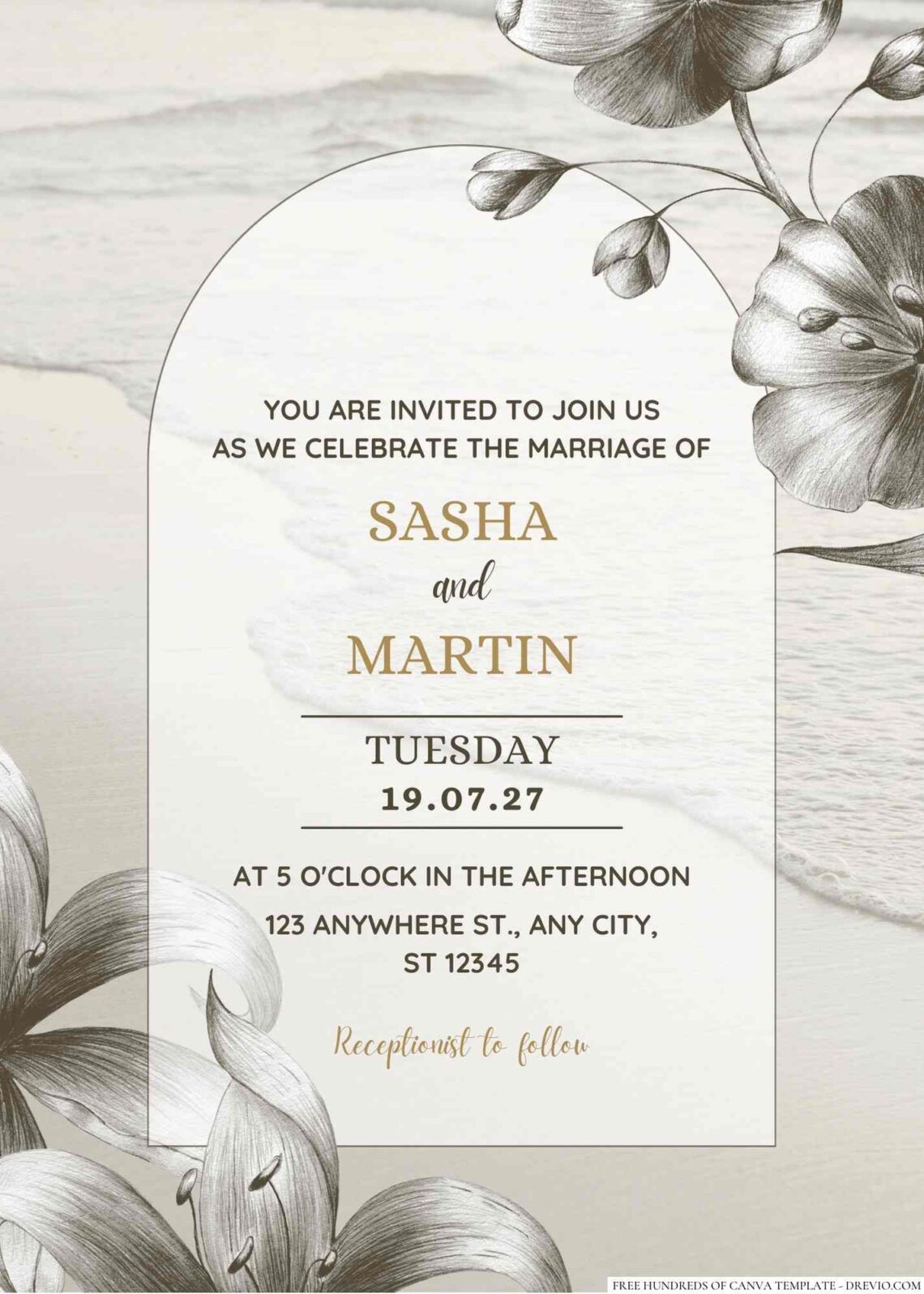 Beach Hand Drawn Elegant Flower Canva Wedding Invitation Templates