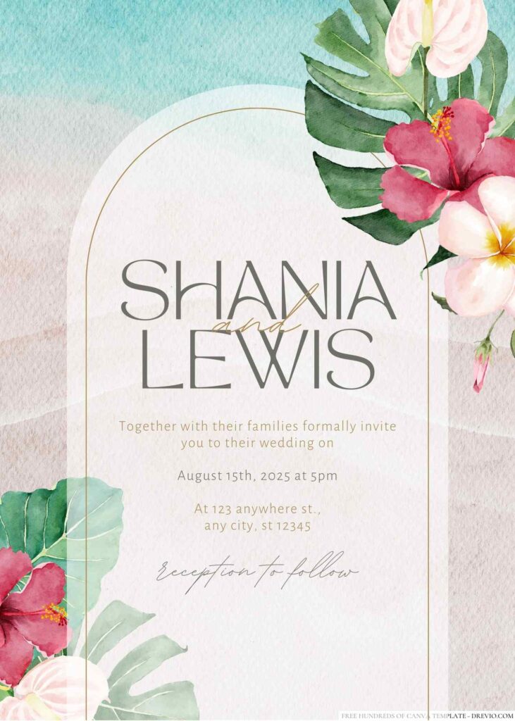 Tropical Green White Watercolor Canva Wedding Invitation Templates