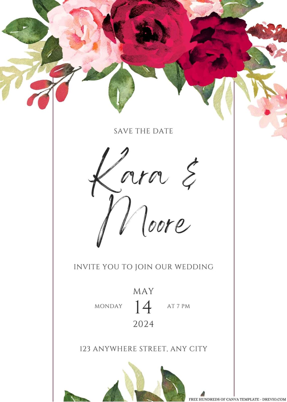 20+ Watercolor Red Pink Roses Floral Canva Wedding Invitation Templates ...