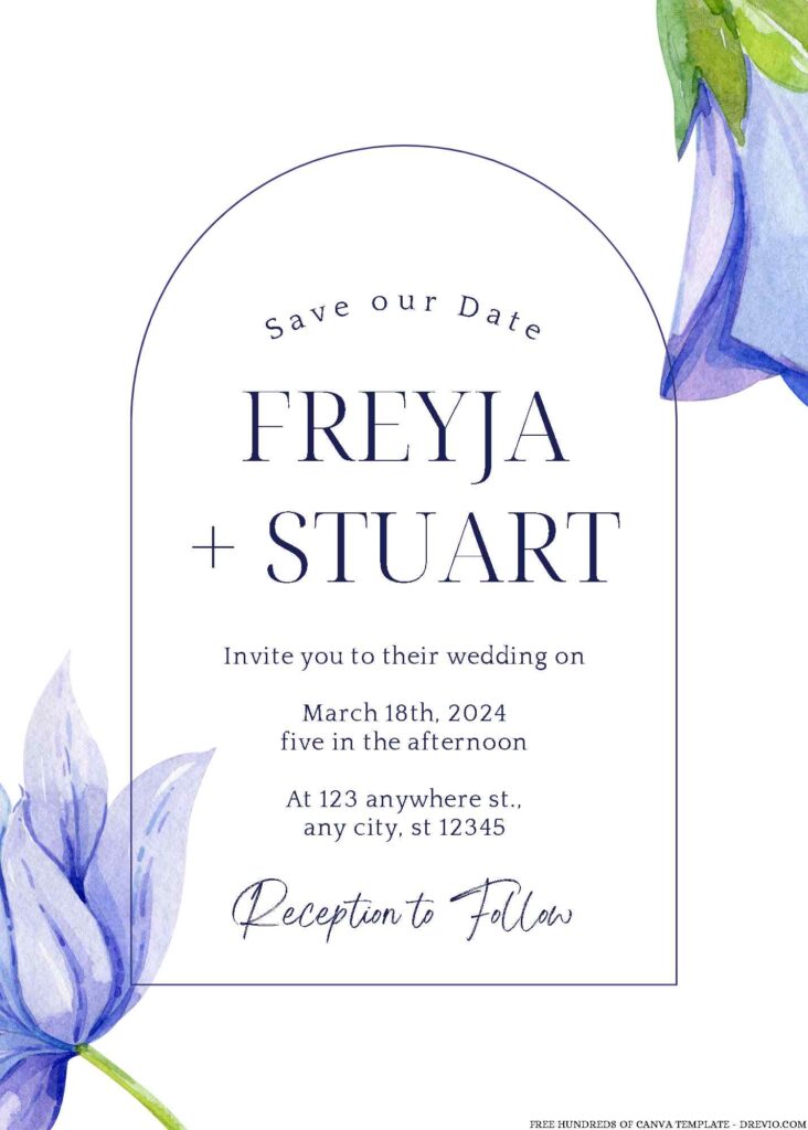 Watercolor Clematis Blue Navy Canva Wedding Invitation Templates