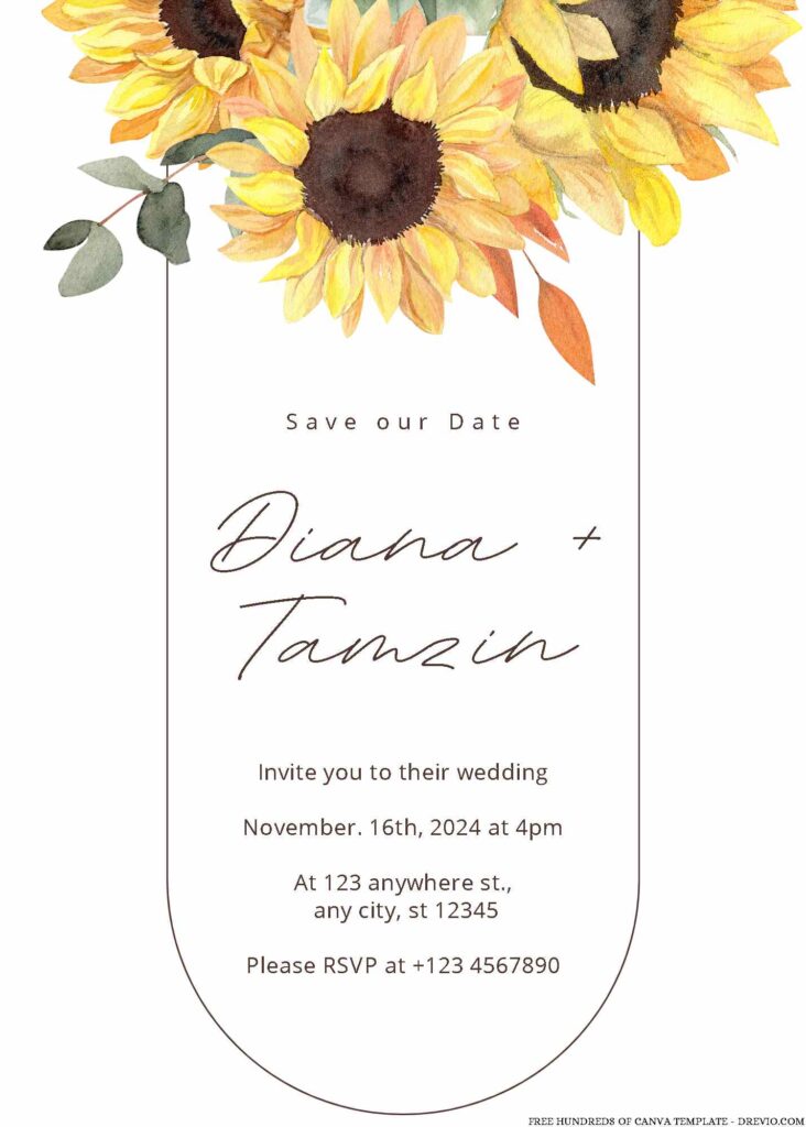 Watercolor Sunflower Bouquet Canva Wedding Invitation Templates