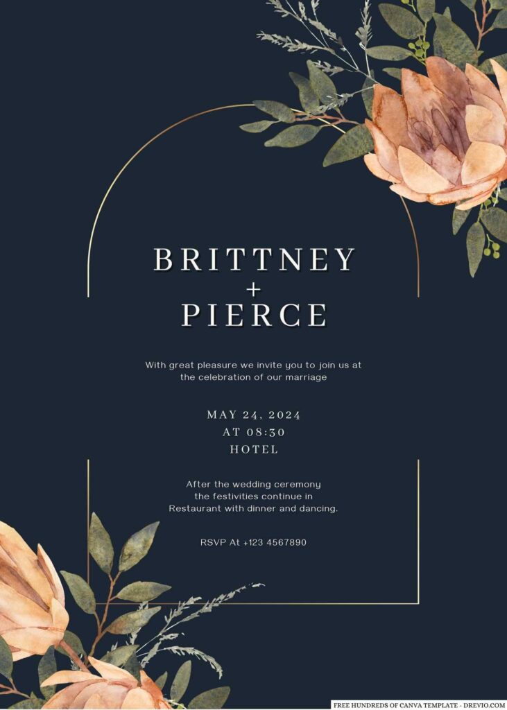 Free Editable Navy Terracotta Wedding Bouquet Wedding Invitation