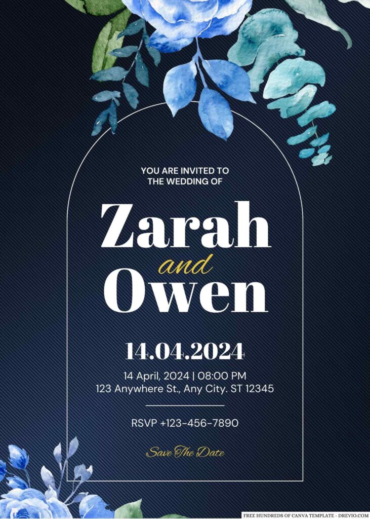 Free Editable Navy Watercolor Blue Rose Wedding Invitation