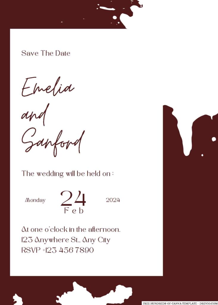 Burgundy Splash Ink White Canva Wedding Invitation Templates