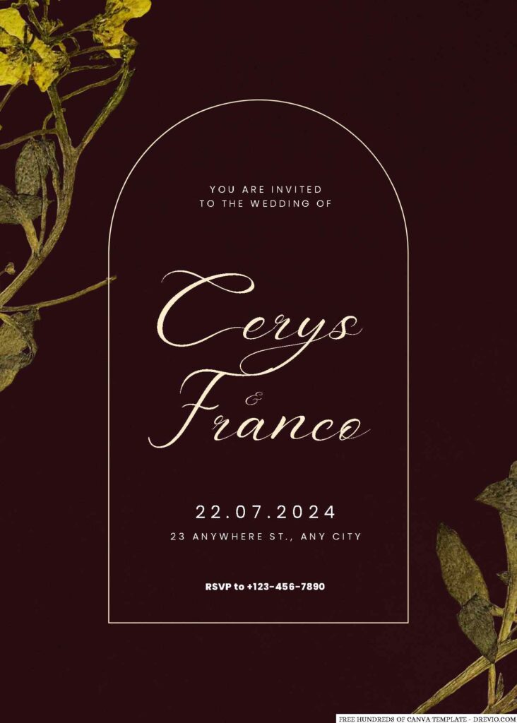 Free Editable Burgundy Pressed Yellow Flower Wedding Invitation