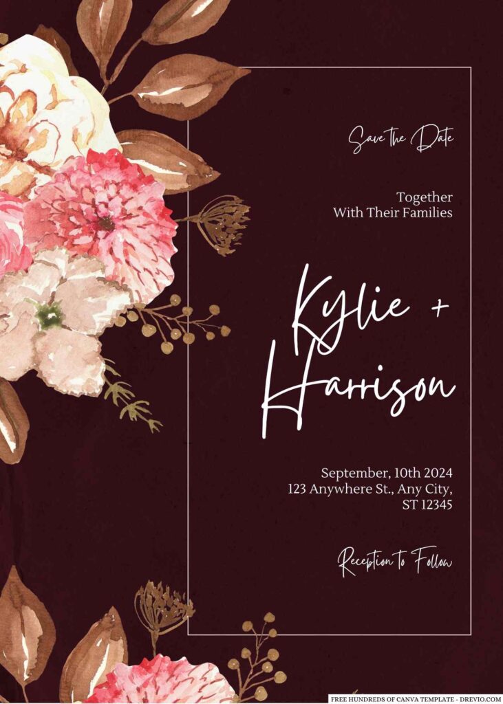 Free Editable Burgundy Watercolor Autumn Wedding Invitation