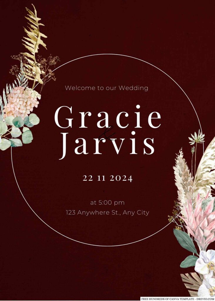 Free Editable Burgundy Watercolor Pampas Wedding Invitation