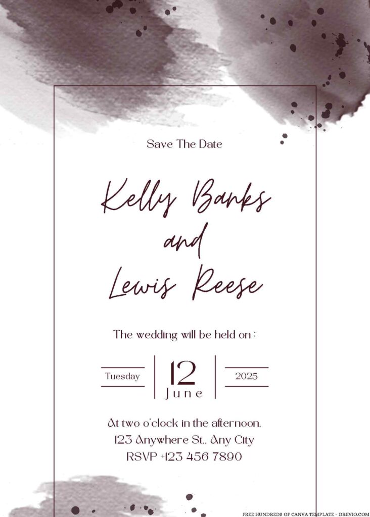 Free Editable Burgundy Abstract Splash Watercolor Wedding Invitation