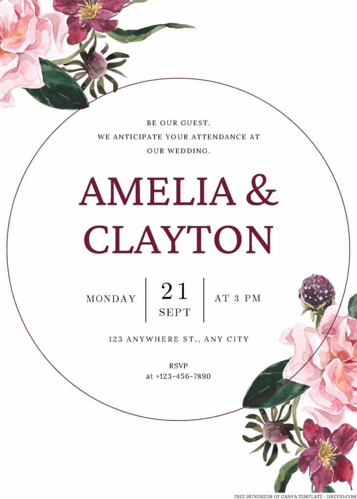 Free Editable Garden Burgundy Floral Watercolor Wedding Invitation