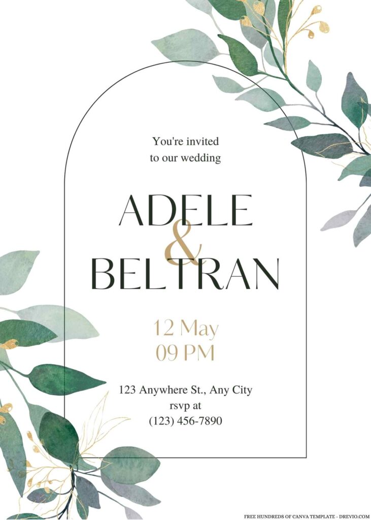 Free Editable Bouquet Green Gold Leaves Wedding Invitation