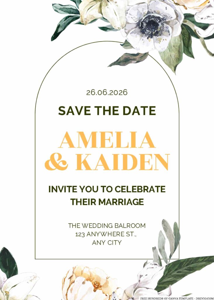 Free Editable Garden Pink Green Leaves Watercolor Wedding Invitation