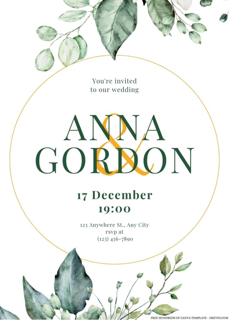 Free Editable Green Leaves White Roses Wedding Invitation