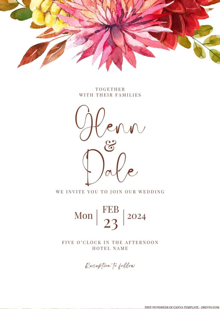 Watercolor Autumn Floral Canva Wedding Invitation Templates