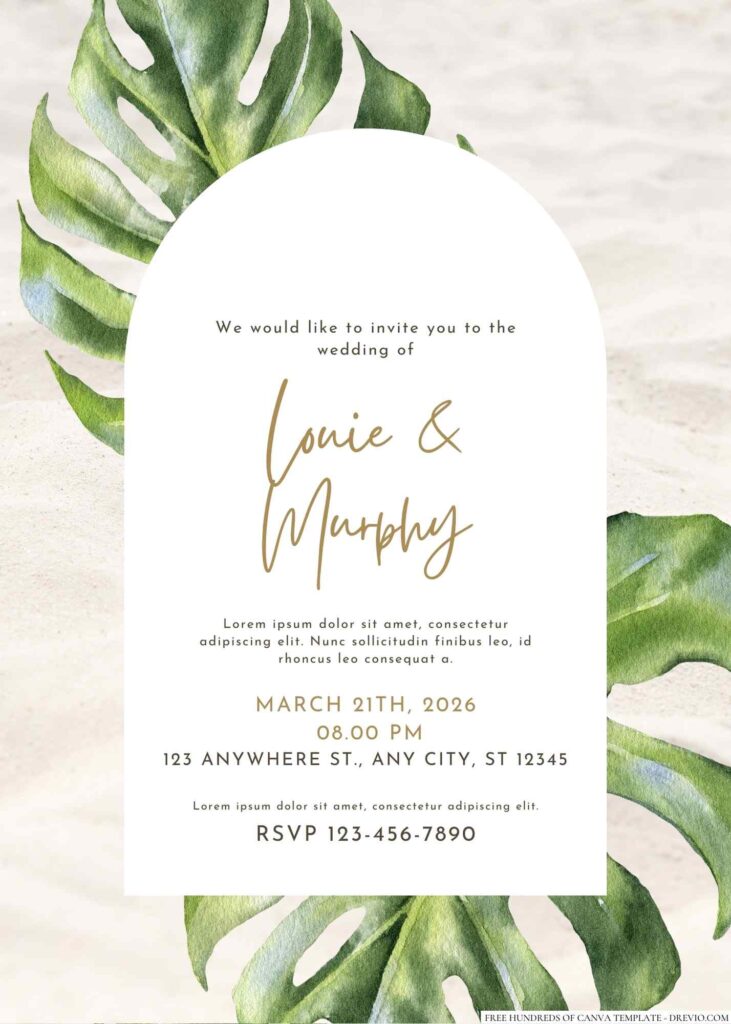 Free Editable Tropical Leaf Green Watercolor Wedding Invitation