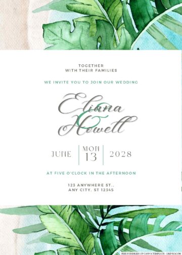 18+ Watercolor Tropical Leaves Greenery Canva Wedding Invitation ...