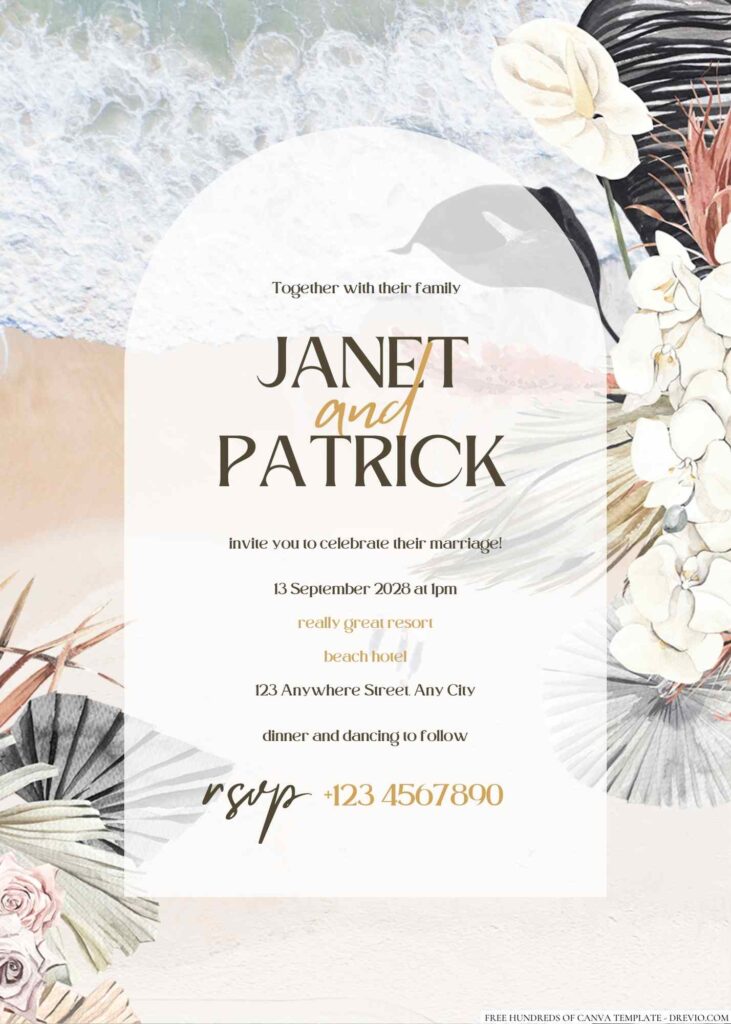 Free Editable Dried Tropical Floral Watercolor Wedding Invitation