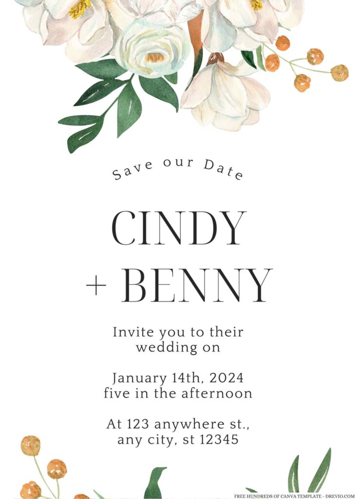Watercolor White Peonies Canva Wedding Invitation Templates