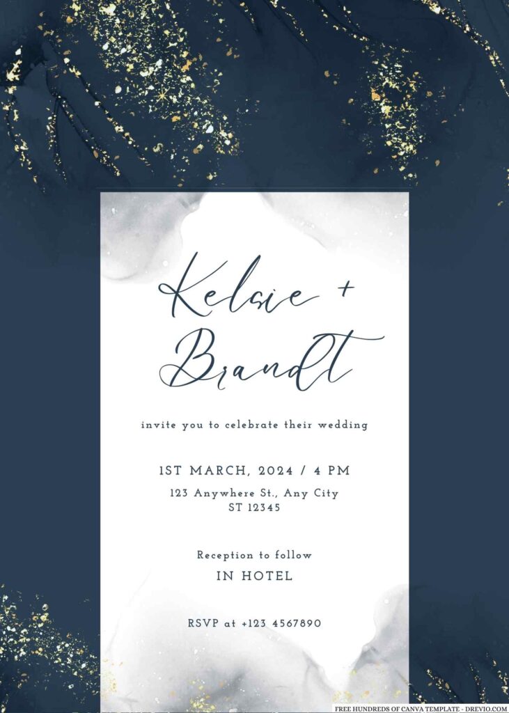 Free Editable Navy Black Gold Floral Wedding Invitation