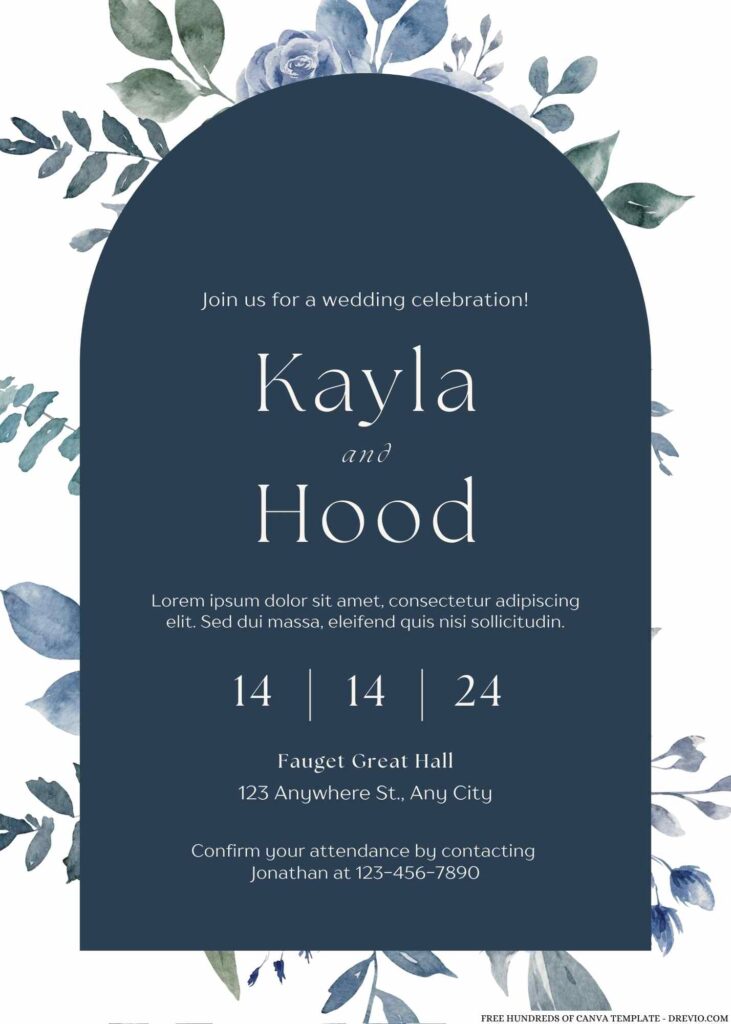 Free Editable Navy Watercolor Rose Flower Wedding Invitation