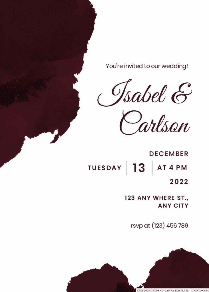 Free Editable Burgundy Watercolor Splash Wedding Invitation