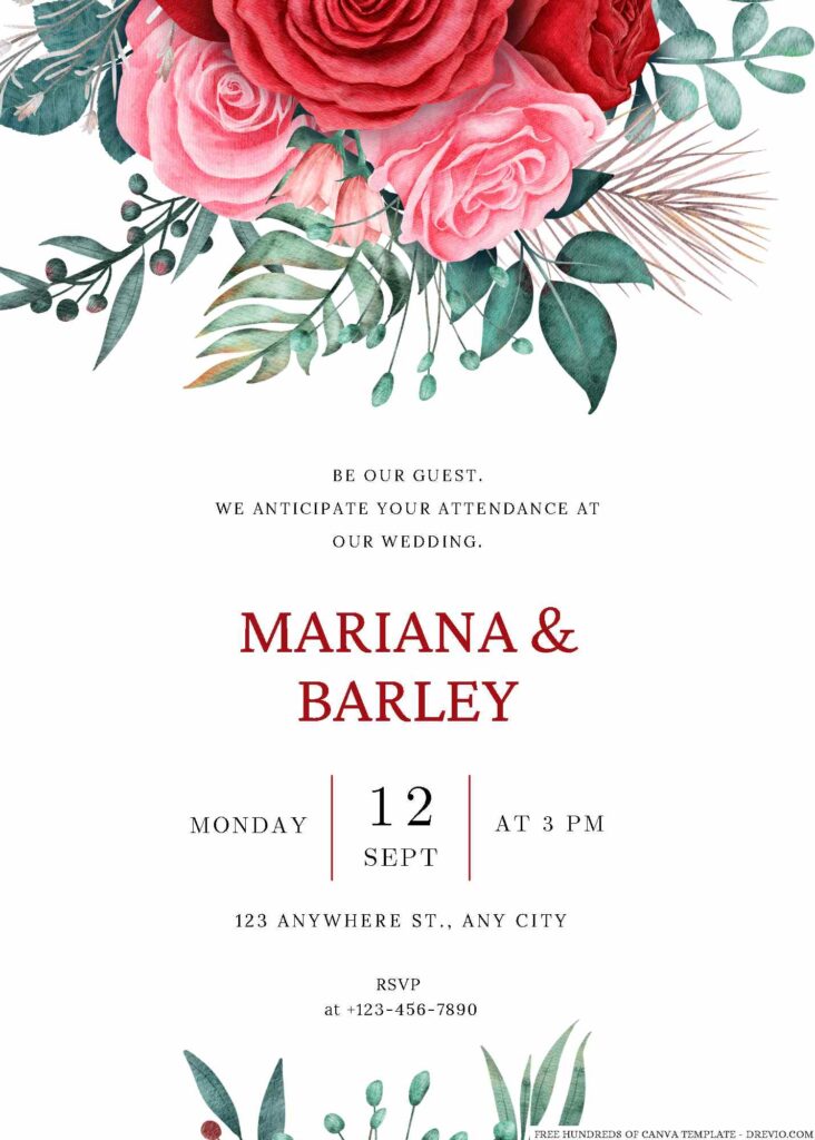 Free Editable Watercolor Roses White Red Wedding Invitation