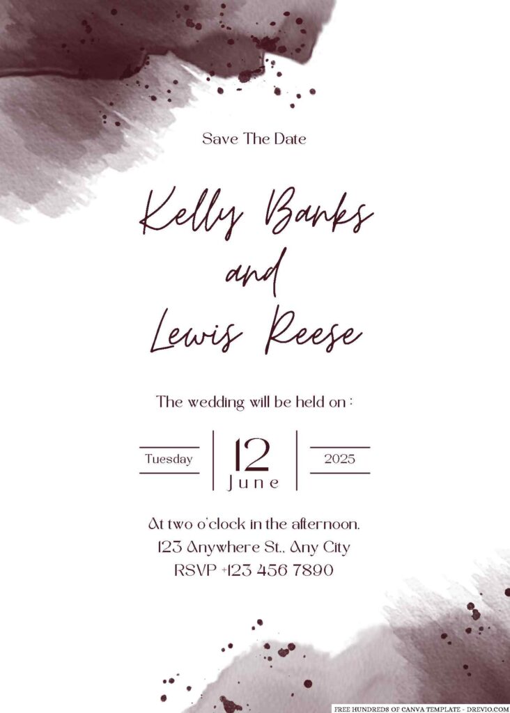 Free Editable Burgundy Abstract Splash Watercolor Wedding Invitation