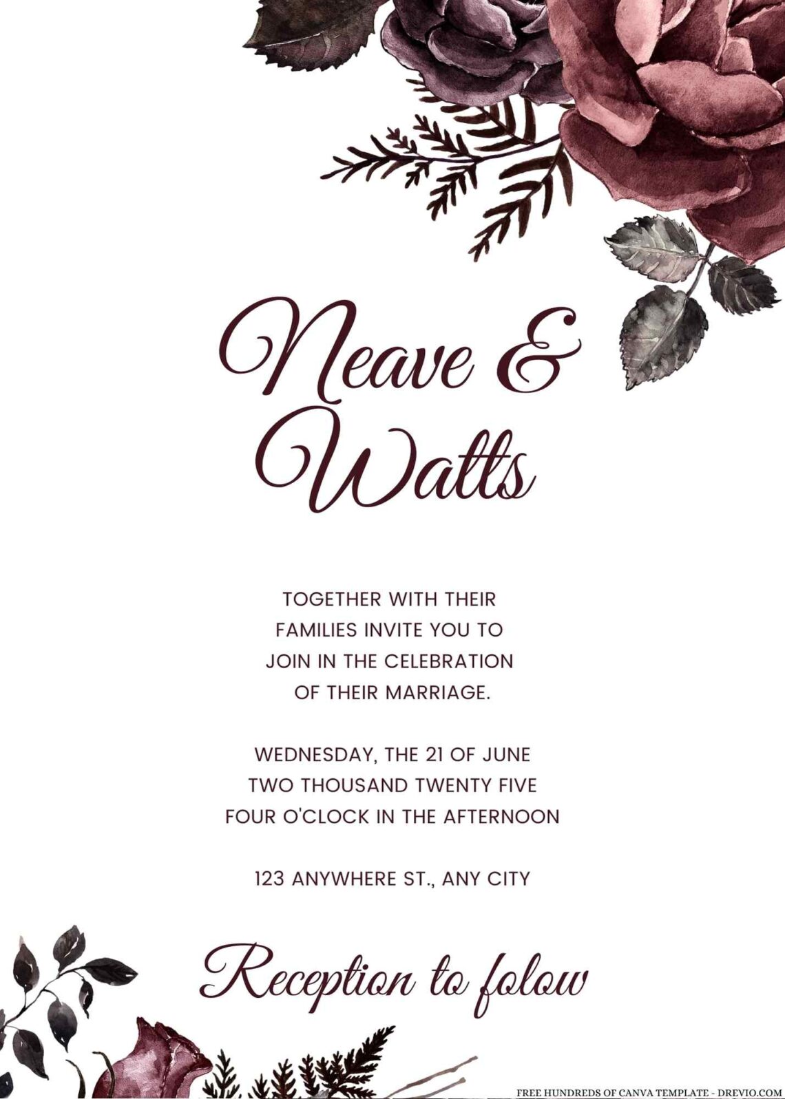 Free Editable Burgundy Goth Style Floral Wedding Invitation