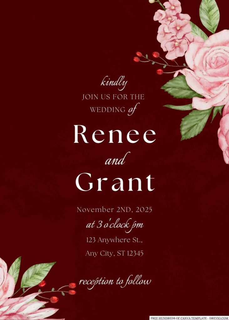 Free Editable Burgundy Pink White Flower Wedding Invitation