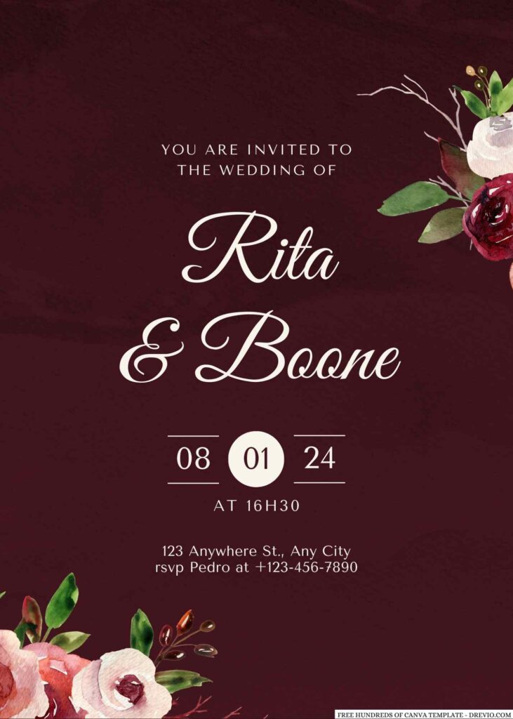 Free Editable Burgundy Watercolor Floral Composition Wedding Invitation