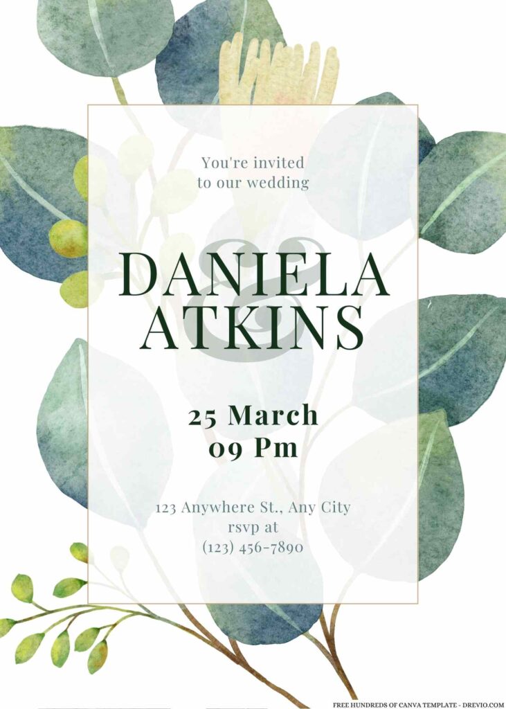 Free Editable Bouquet Eucalyptus Green Leaves Wedding Invitation