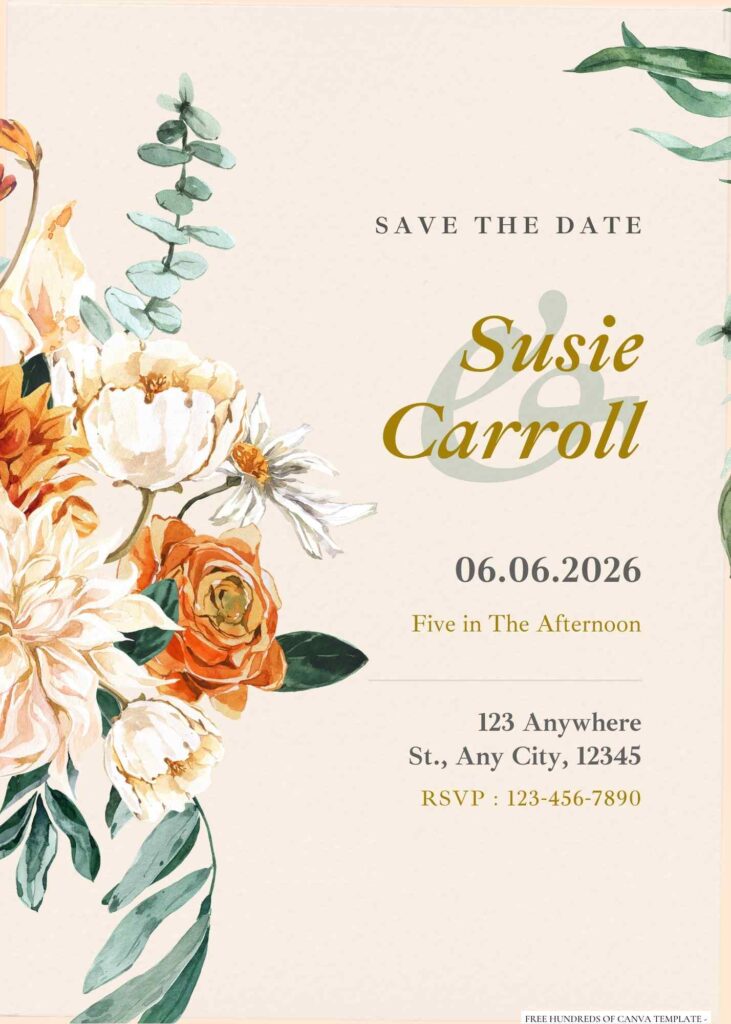 Vintage Garden Floral Orange Canva Wedding Invitation Templates