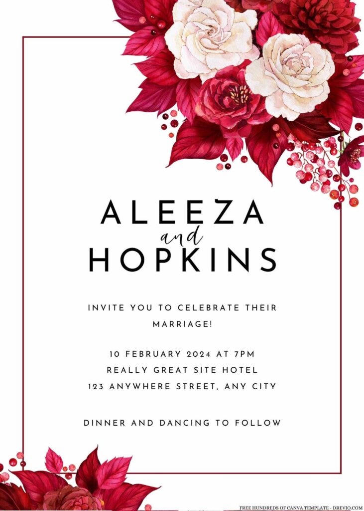 Free Editable Watercolor Red White Flower Bouquet Wedding Invitation