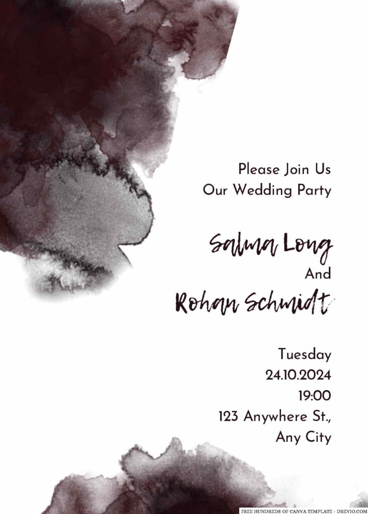 Free Editable Ink Splash Black Burgundy Wedding Invitation