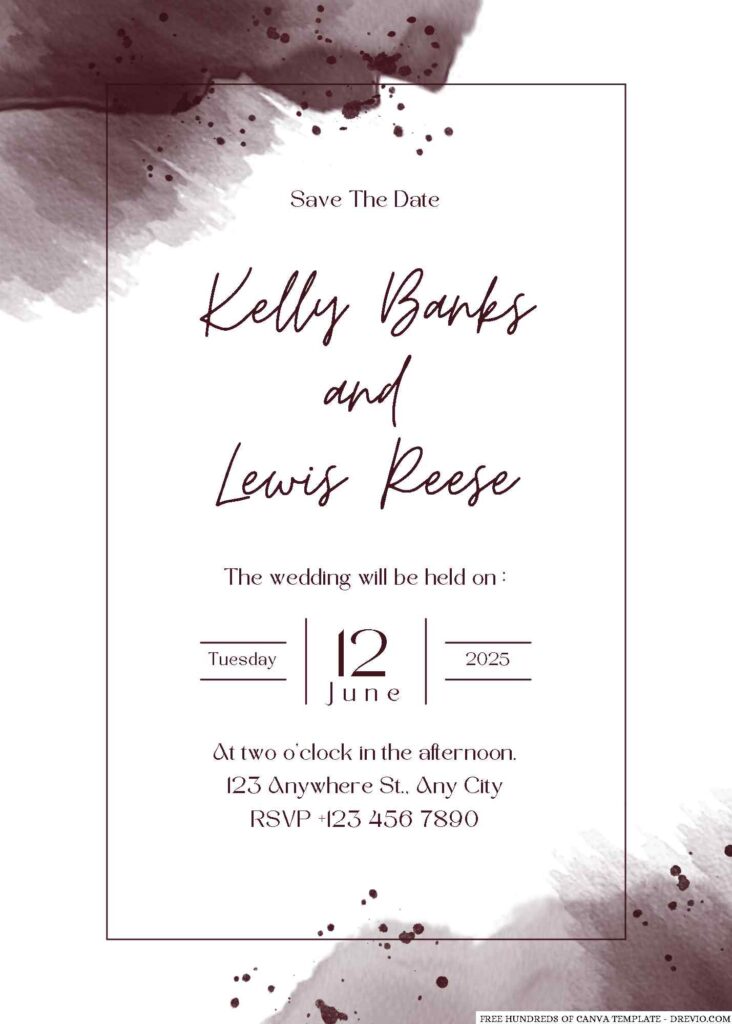 Free Editable Burgundy Abstract Splash Watercolor Wedding Invitation