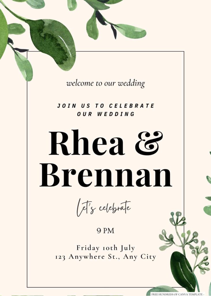 Free Editable Bouquet Leaves Green Wedding Invitation