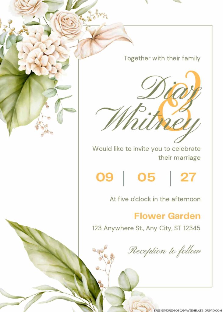 Free Editable Watercolor Delicate Green Wedding Invitation