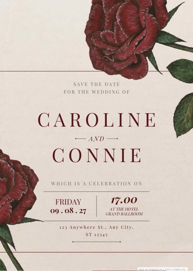 Vintage Red Roses Floral Canva Wedding Invitation Templates