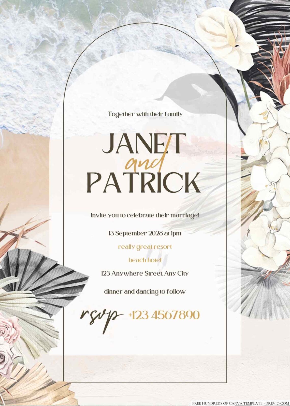 Free Editable Dried Tropical Floral Watercolor Wedding Invitation
