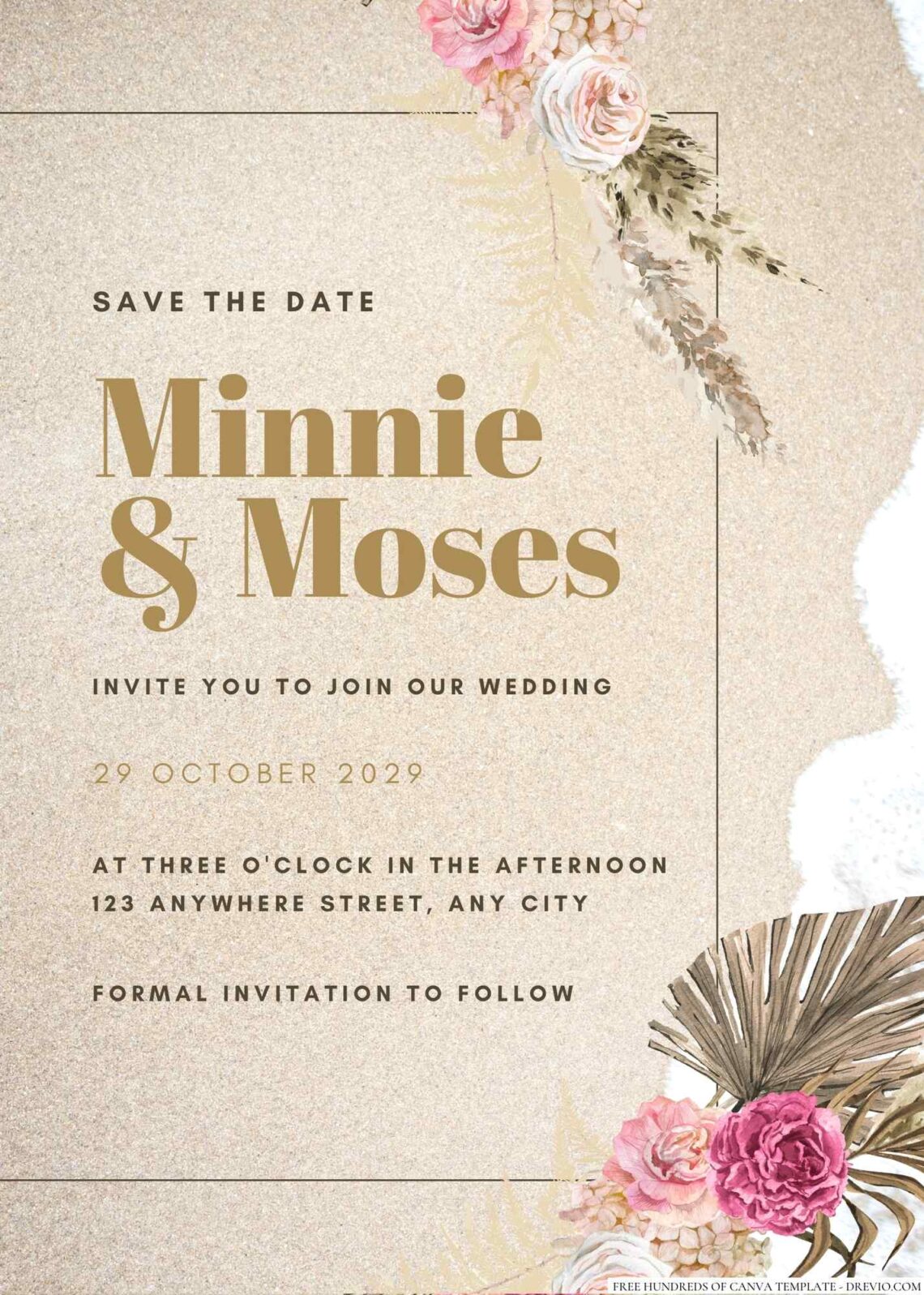 Free Editable Boho Wreath Dried Tropical Wedding Invitation