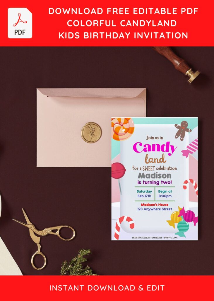 (Free Editable PDF) Sweet Candyland Birthday Invitation Templates with colorful text