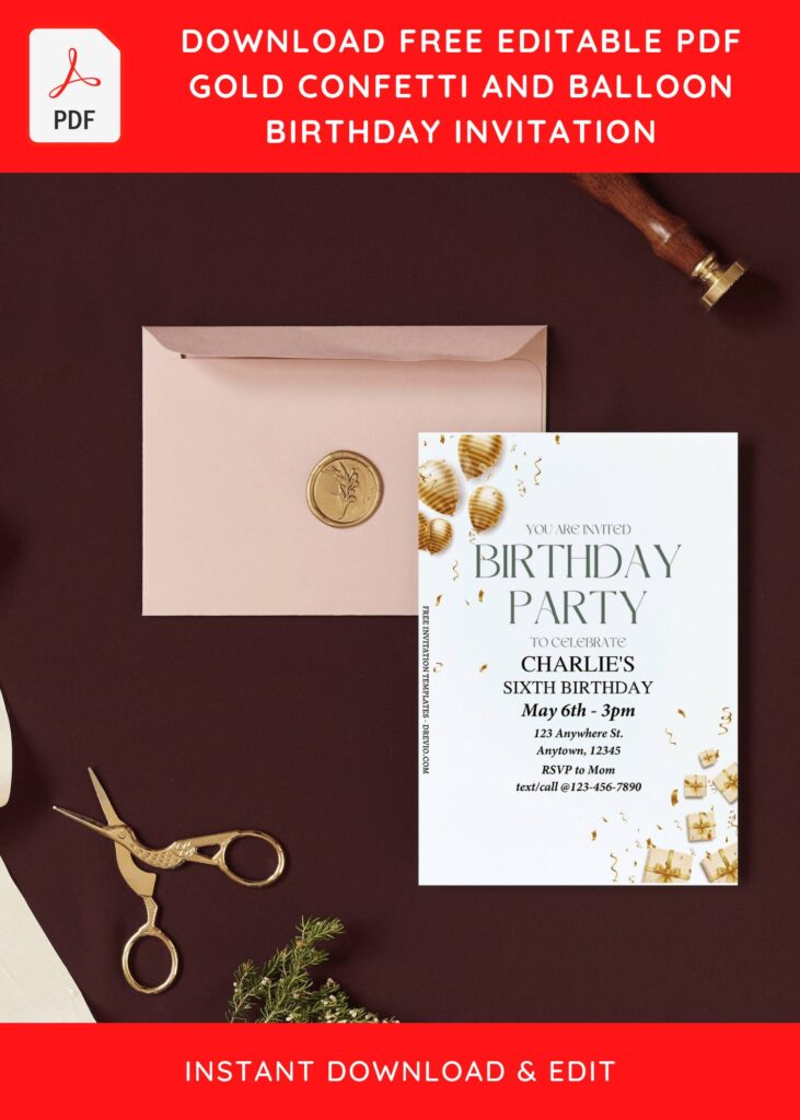 (Free Editable PDF) Stunning Gold Balloon & Confetti Birthday Invitation Templates I