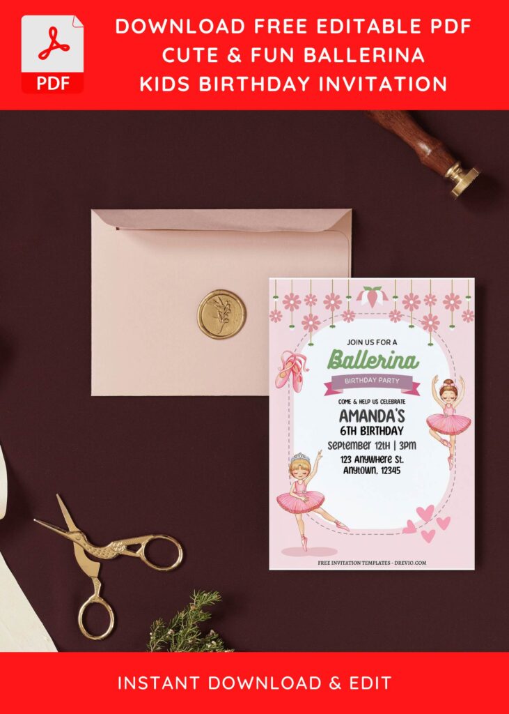 (Free Editable PDF) Pink Floral Ballerina Birthday Invitation Templates with portrait orientation design