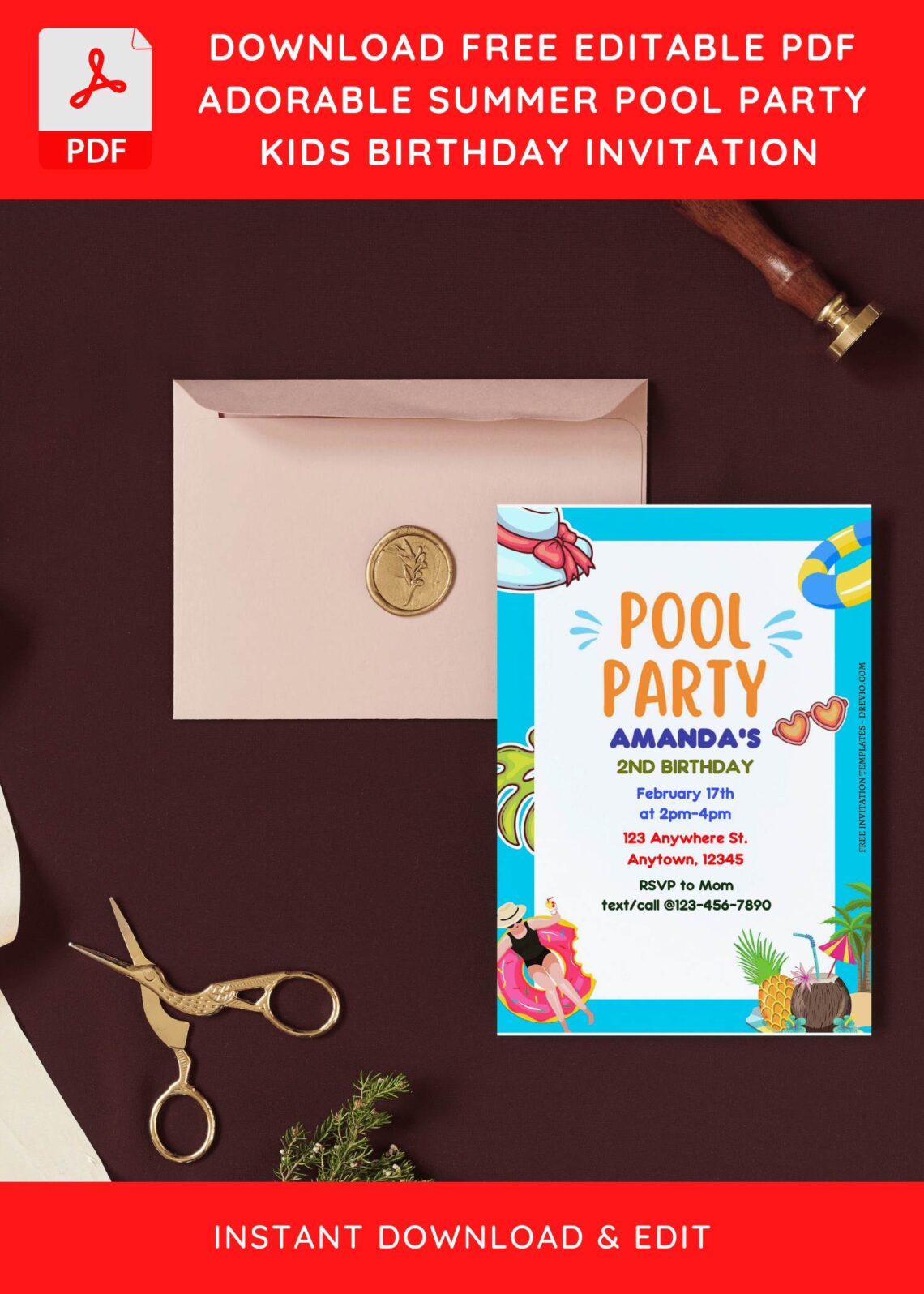 (Free Editable PDF) Adorable Summer Pool Kids Birthday Party Invitation Templates I