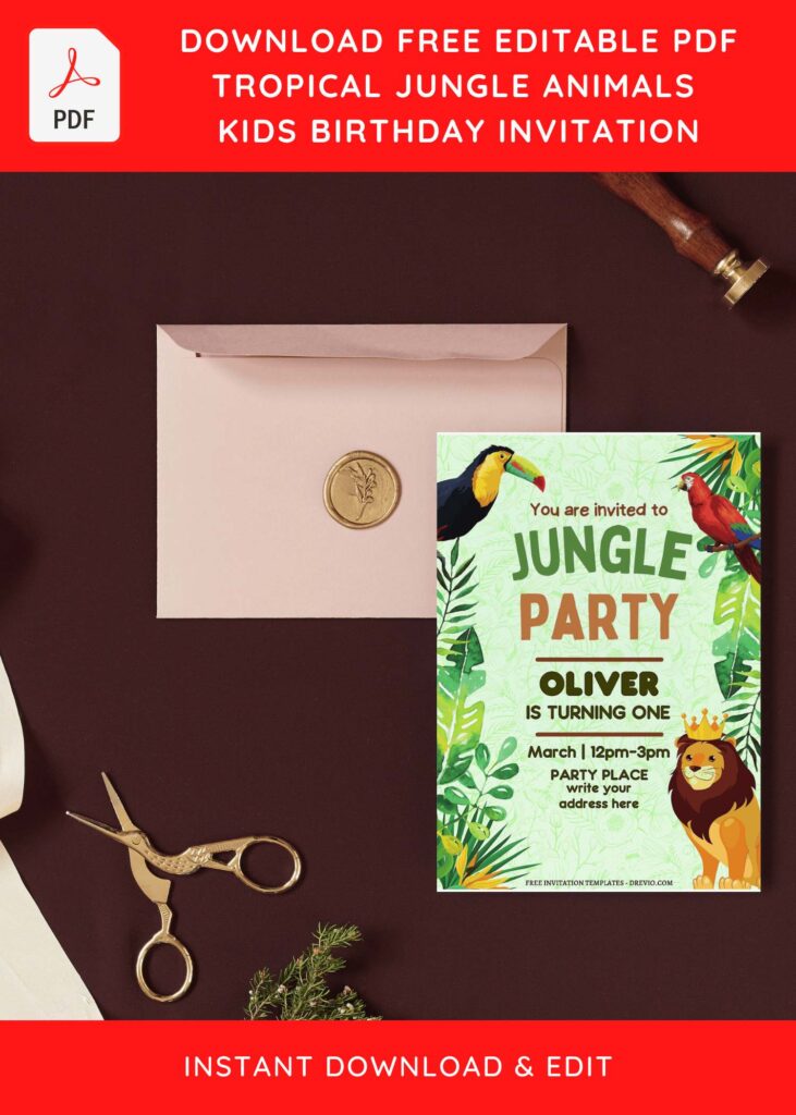 (Free Editable PDF) Bright Safari Jungle Birthday Invitation Templates with tropical leaf