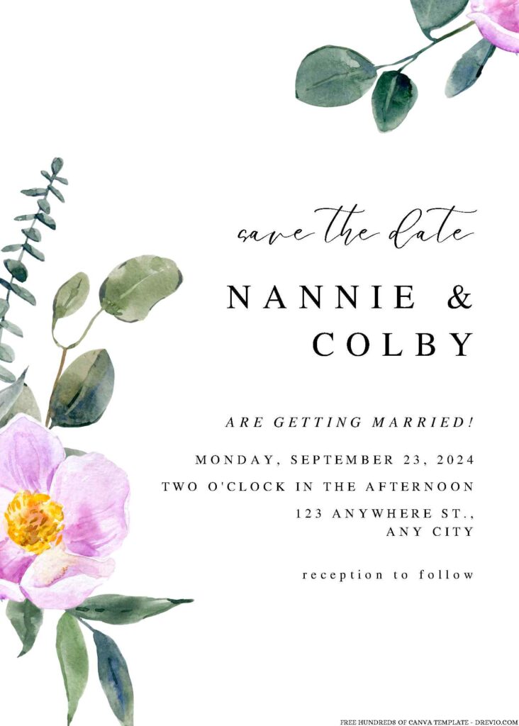 Watercolor Anemone Eucalyptus Canva Wedding Invitation Templates