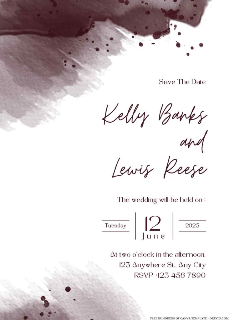 Free Editable Burgundy Abstract Splash Watercolor Wedding Invitation