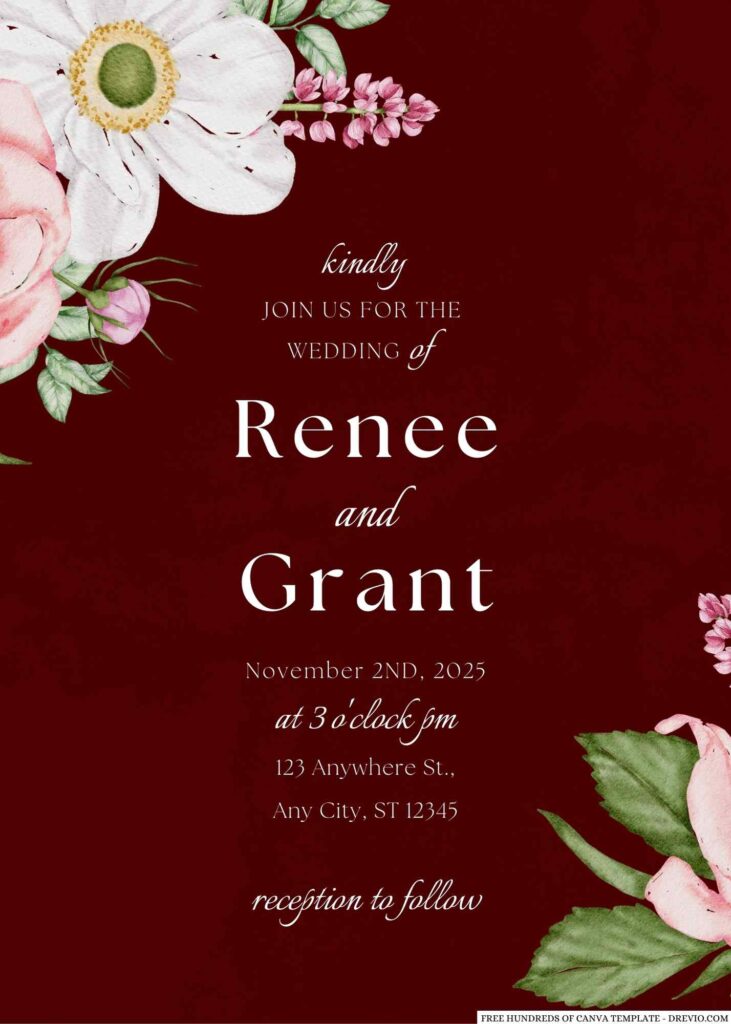 Free Editable Burgundy Pink White Flower Wedding Invitation