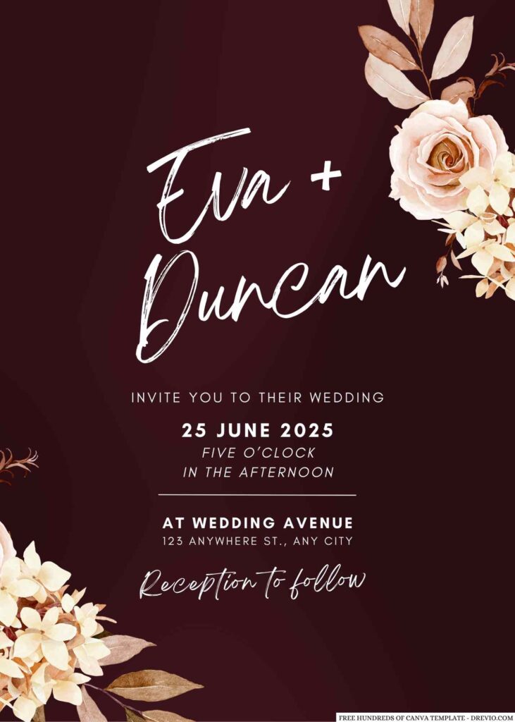 Free Editable Burgundy Watercolor Autumun Flower Wedding Invitation