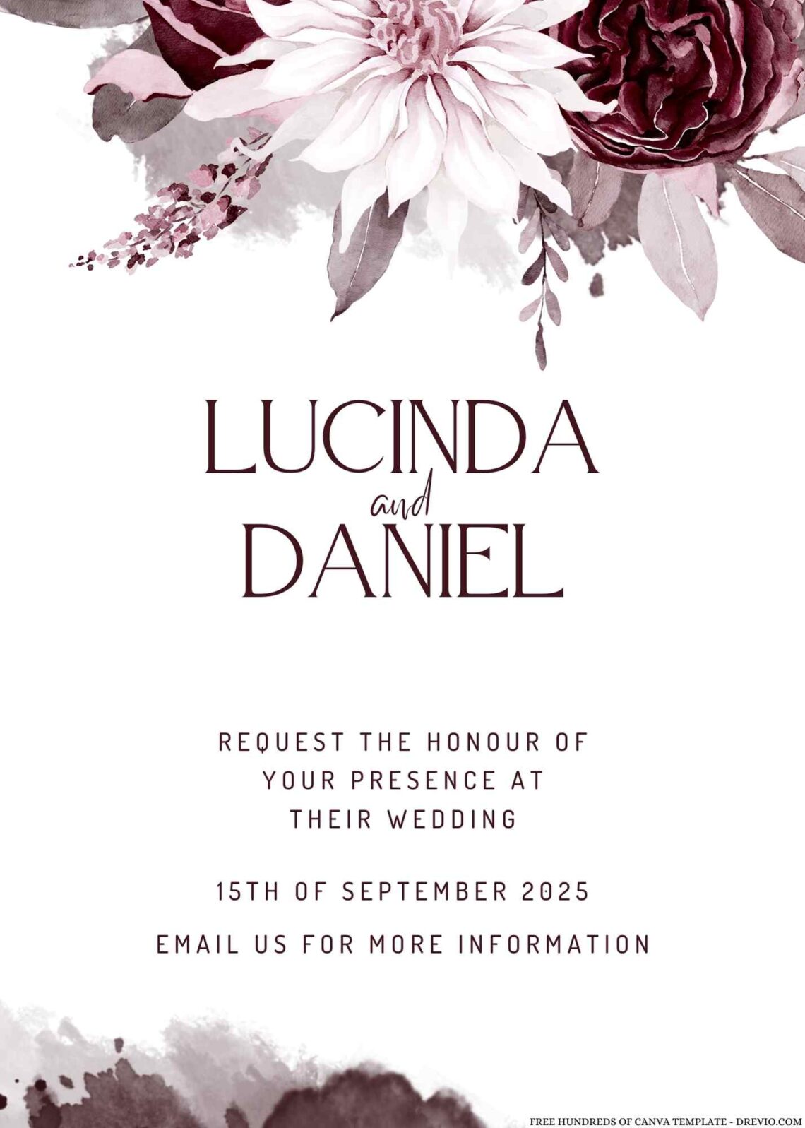 Free Editable Watercolor White Burgundy Flower Wedding Invitation
